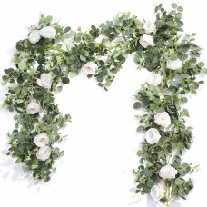 TOPHOUSE 4 Pack Eucalyptus Garland with Roses, White Flower Garland Artificial Silk Floral Vines Eucalyptus Leaves Vines for Wedding Party Table Mantle Wall Home Room Decor.