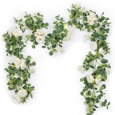 TOPHOUSE 2 Pack Eucalyptus Garland with Roses, White Flower Garland Artificial Silk Floral Vines Eucalyptus Leaves Vines for Wedding Party Table Mantle Wall Home Room Decor.