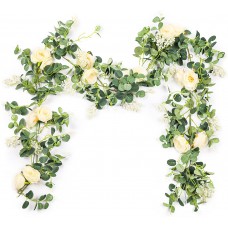 TOPHOUSE 2 Pack Eucalyptus Garland with Roses, Champagne Flower Garland Artificial Silk Floral Vines Eucalyptus Leaves Vines for Wedding Party Table Mantle Wall Home Room Decor.
