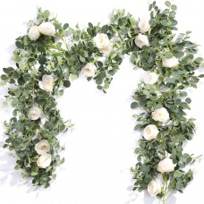 TOPHOUSE 4 Pack Eucalyptus Garland with Roses, Champagne Flower Garland Artificial Silk Floral Vines Eucalyptus Leaves Vines for Wedding Party Table Mantle Wall Home Room Decor.