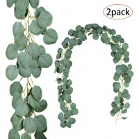 TOPHOUSE 2 Pack 6.5 Feet Artificial Silver Dollar Eucalyptus Leaves Garland 164 Pcs Leaves Garland Greenery Wedding Backdrop Arch Wall Decor in Grey Green