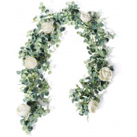 TOPHOUSE 6 Ft Artificial Rose Vine Fake Flower Garland Decorations Hanging Eucalyptus Garland with Champagne Rose for Wedding Arch Arrangement