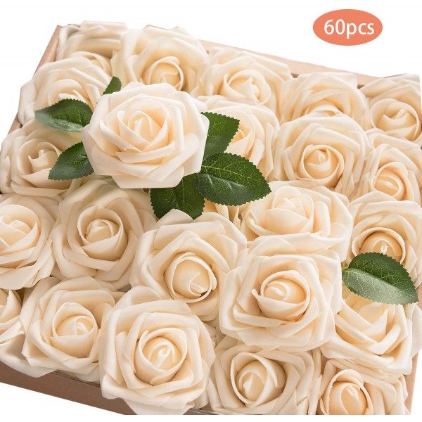 TOPHOUSE 60pcs Artificial Flowers Roses Real Touch Fake Roses for DIY Wedding Bouquets Bridal Shower Party Home Decorations (Cream)