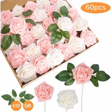 TOPHOUSE 60pcs Artificial Flowers Roses Real Touch Fake Roses for DIY Wedding Bouquets Bridal Shower Party Home Decorations (Ivory&Pink)