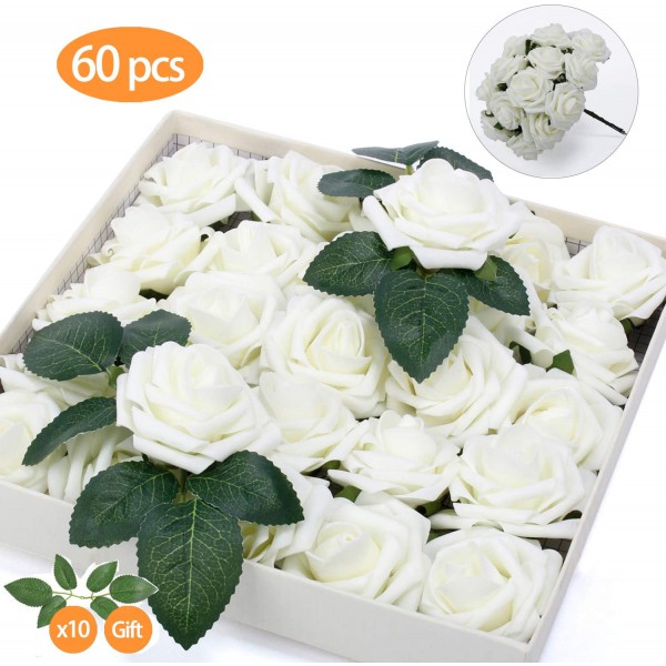 TOPHOUSE 60pcs Artificial Flowers Roses Real Touch Fake Roses for DIY Wedding Bouquets Bridal Shower Party Home Decorations (Ivory)