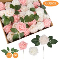 TOPHOUSE 60pcs Artificial Flowers Roses Real Touch Fake Roses for DIY Wedding Bouquets Bridal Shower Party Home Decorations (Ivory&Pink&Cream)