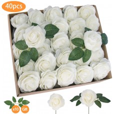 TOPHOUSE 40pcs Artificial Flowers Roses Real Touch Fake Roses for DIY Wedding Bouquets Bridal Shower Party Home Decorations (Ivory)