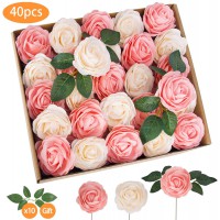TOPHOUSE 40pcs Artificial Flowers Roses Real Touch Fake Roses for DIY Wedding Bouquets Bridal Shower Party Home Decorations(Pink & Ivory)