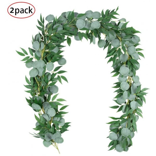 TOPHOUSE 2 Packs 6.5 Feet Artificial Silver Dollar Eucalyptus Leaves Garland with Willow Vines Twigs Leaves String for Doorways Greenery Garland Table Runner Garland Indoor Outdoor.