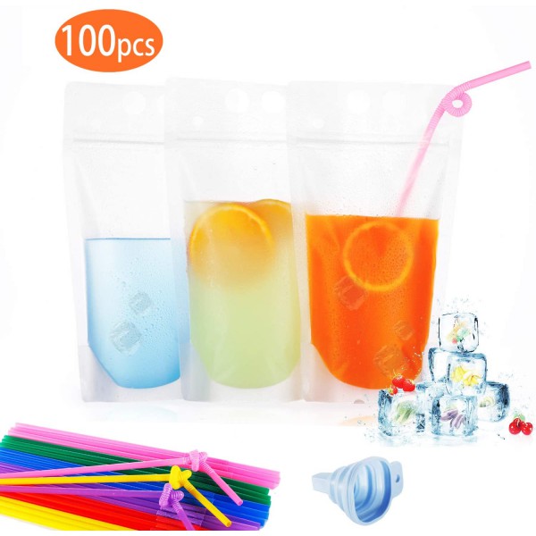 100PCS (Drink Pouches Bags + Straws ) Stand-Up Zipper for Cold & Hot Drinks